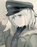  blonde_hair brown_eyes coat dress_shirt fur_trim hand_on_headwear hat huberta_von_bonin long_sleeves military military_uniform peaked_cap shiraba_(sonomama_futene) shirt short_hair smile solo uniform upper_body world_witches_series 