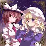  blonde_hair bow brown_eyes brown_hair dress hat hat_bow juliet_sleeves long_sleeves maribel_hearn mob_cap multiple_girls necktie nikka_(cryptomeria) puffy_sleeves purple_dress purple_eyes smile touhou usami_renko white_bow 