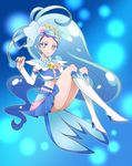  arm_warmers blue blue_background blue_eyes blue_hair blue_skirt boots commentary_request crop_top crop_top_overhang cure_mermaid earrings full_body go!_princess_precure hair_ribbon high_heels highres jewelry kaidou_minami knee_boots long_hair magical_girl midriff multicolored_hair precure purple_hair ribbon seashell_earrings skirt smile solo streaked_hair takayama_zeruda two-tone_hair white_footwear 