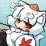  animal_ears bad_id bad_pixiv_id chibi fang hat holding inubashiri_momiji inunoko. looking_at_viewer open_mouth red_eyes shield short_hair solo sword tokin_hat touhou translation_request weapon white_hair wolf_ears 