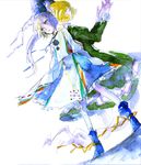  back-to-back blue_eyes dress ghost_tail green_dress green_hair hat japanese_clothes kariginu mononobe_no_futo multiple_girls ponytail ribbon shimi_(egi) short_hair silver_hair skirt soga_no_tojiko tate_eboshi touhou traditional_media watercolor_(medium) 