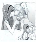  akemi_homura ascot commentary greyscale hairband jpeg_artifacts kaname_madoka kiss long_hair mahou_shoujo_madoka_magica monochrome multiple_girls neckwear_grab nobita topless twintails yuri 