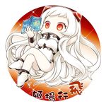  airfield_hime book character_name chibi covered_mouth holding holding_book horns kantai_collection long_hair lying orange_eyes plane_(planetw2002) reading shinkaisei-kan solo translation_request white_hair white_skin 