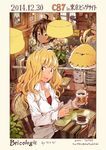  annie_berton bird blonde_hair blush brown_hair cafe coffee cup earrings highres jewelry long_hair matsuda_(matsukichi) mug multiple_girls open_mouth original plant restaurant shirt sitting smile table tori_(matsuda_(matsukichi)) yvette_martin 