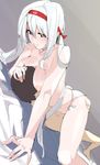  1girl ass ass_grab bed between_breasts breasts brown_eyes grabbing_another's_ass groping hairband kantai_collection large_breasts lingerie long_hair nipples nude panties ruuto_(sorufu) shoukaku_(kantai_collection) side-tie_panties string_panties topless underwear white_hair 