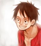  1boy headwear_removed male male_focus monkey_d_luffy one_piece red_shirt scar shirt smile solo 