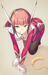  all_fours bad_id bad_pixiv_id banana barara_peol black_footwear bodysuit boots cccpo food fruit gloves grey_eyes gundam gundam_g_no_reconguista headset highres licking_lips looking_at_viewer pink_bodysuit pink_eyes smile solo thigh_boots thighhighs tongue tongue_out white_gloves 