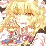  alice_margatroid blonde_hair blue_eyes bow braid capelet dress food fork fruit hair_bow hairband hat kirisame_marisa knora long_hair minigirl multiple_girls open_mouth plate ribbon short_hair smile strawberry tongue tongue_out touhou witch_hat yellow_eyes 