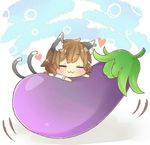  :3 animal_ears bow brown_hair cat_ears cat_tail chen closed_eyes earrings eggplant heart ibaraki_natou jewelry md5_mismatch multiple_tails nekomata no_hat no_headwear short_hair smile solo tail touhou 