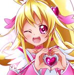  ;d absurdres aida_mana arm_warmers bad_id bad_pixiv_id blonde_hair choker cure_heart curly_hair dokidoki!_precure earrings face hair_ornament half_updo heart heart_hair_ornament highres jewelry long_hair magical_girl one_eye_closed open_mouth pink_eyes pink_sleeves ponytail precure sharumon smile solo white_background 