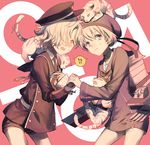  1boy 1girl animal animal_on_head animal_on_shoulder blonde_hair blue_eyes brown_eyes clothes_writing collared_shirt crossover dress gokotai gokotai's_tigers hair_over_one_eye hat holding_hands kantai_collection looking_at_viewer machinery mars_symbol necktie on_head on_shoulder peaked_cap sailor_collar sailor_dress sailor_hat shirt short_hair shorts spoken_interrobang tears tiger tiger_cub touken_ranbu trait_connection venus_symbol wavy_hair wavy_mouth white_tiger yamakawa z1_leberecht_maass_(kantai_collection) 