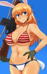  animal_ears bikini blue_eyes breasts bunny_ears cameltoe charlotte_e_yeager covered_nipples gloves gun hand_on_hip kunashiri_(etorofu) large_breasts long_hair navel orange_hair rifle smile solo standing strike_witches swimsuit tail tan tanline underboob weapon world_witches_series 