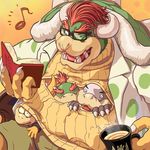  1:1 4boys alternate_costume bespectacled book bowser bowser_jr. claws coat cup father_and_son glasses horns lemmy_koopa male male_focus masa_(bowser) morton_koopa_jr. multiple_boys musical_note nintendo open-chest_sweater red_hair suit super_mario_bros. 