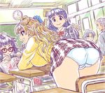  ass bent_over biology blonde_hair blue_eyes blue_hair book braid classroom desk fingernails freckles from_behind galko glasses long_fingernails long_hair mimonel miniskirt multiple_girls nail_polish ojou_(galko) open_mouth oshiete!_galko-chan otako_(galko) panties plaid plaid_skirt red-framed_eyewear school_desk school_uniform side_bun skirt smile sweater textbook underwear upskirt white_panties 