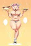  animal_ears animal_print bell bell_collar belly bouncing_breasts breasts cleavage collar cow_ears cow_horns cow_print dessert food full_body highres horns huge_breasts long_hair lvl_(sentrythe2310) my_little_pony navel personification pink_hair pinkie_pie plump solo thighs wide_hips 