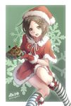  alternate_costume brown_hair christmas food gloves hair_ornament hairclip hat kantai_collection kneehighs kuroshio_(kantai_collection) light_brown_eyes looking_at_viewer morigami_(morigami_no_yashiro) open_mouth plate red_gloves santa_costume santa_hat solo striped striped_legwear twitter_username 