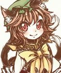  animal_ears bow brown_hair cat_ears cat_tail chen earrings hat ibaraki_natou jewelry multiple_tails nekomata red_eyes short_hair solo tail touhou 