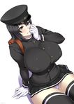  akitsu_maru_(kantai_collection) black_hair blush breasts covered_nipples gloves hat huge_breasts kantai_collection looking_at_viewer panties remodel_(kantai_collection) short_hair silver_eyes sitting skirt solo thighhighs thighs underwear white_gloves zonda_(solid_air) 