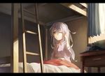  aqua_eyes bed bedroom bunk_bed failure_penguin finger_to_eye hibiki_(kantai_collection) indoors kantai_collection kashii_(amoranorem) letterboxed long_hair morning on_bed one_eye_closed pajamas solo tears waking_up white_hair 