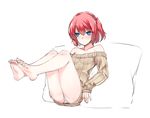  bad_id bad_pixiv_id bare_shoulders barefoot blue_eyes blush collarbone feet full_body kuro_(kuronell) legs_up off-shoulder_sweater off_shoulder panties pillow red_hair ribbed_sweater short_hair simple_background soles solo sweater thighs toes underwear white_background 