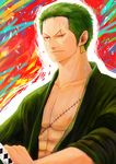  1boy abs earrings green_hair highres jewelry male male_focus one-eyed one_piece open_shirt roronoa_zoro scar sheathed_sword shirt solo sword weapon 