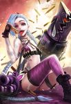  :d bangs bikini_top blue_hair boots braid bullet cutoffs dated fingerless_gloves flat_chest food glint gloves goomrrat highres jewelry jinx_(league_of_legends) league_of_legends long_hair looking_at_viewer necklace open_mouth purple_eyes purple_legwear sandwich shell_casing short_shorts shorts signature single_thighhigh sitting smile solo swept_bangs tattoo tears thigh_strap thighhighs tongue tongue_out twin_braids very_long_hair weapon 