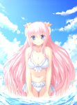  animal_ears bikini blue_eyes breasts cleavage fisheye frilled_bikini frills front-tie_top horns large_breasts long_hair looking_at_viewer navel partially_submerged pink_hair popokabi sheep_(trickster) sheep_ears side-tie_bikini smile swimsuit thigh_gap trickster very_long_hair 