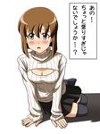  arm_support black_legwear blush breasts brown_eyes brown_hair cleavage hagiwara_yukiho idolmaster idolmaster_(classic) leaning_forward lielos medium_breasts meme_attire miniskirt open-chest_sweater open_mouth pleated_skirt ribbed_sweater short_hair sitting skirt solo sweater thighhighs turtleneck white_background 