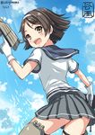  :d ass black_hair black_skirt blue_sky cloud dated day gun hairband headband holding holding_gun holding_weapon kantai_collection light_rays looking_at_viewer looking_back open_mouth pleated_skirt sakiyamama school_uniform short_hair skirt sky smile solo splashing standing sunlight tanikaze_(kantai_collection) thigh_strap thighs water weapon 