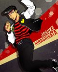  anz black_hair blue_eyes character_name higashikata_jousuke jacket jojo_no_kimyou_na_bouken letterman_jacket male_focus peace_symbol pompadour shirt solo striped striped_shirt 