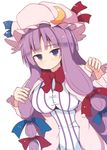  bad_id bad_pixiv_id beni_shake bow breasts capelet coat crescent dress hair_ribbon hat large_breasts long_hair looking_at_viewer mob_cap open_clothes open_coat patchouli_knowledge purple_eyes purple_hair ribbon solo striped striped_dress touhou tress_ribbon very_long_hair 