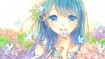  absurdres blue_eyes blue_hair blush bug butterfly flower hair_flower hair_ornament highres hydrangea insect kam_(kkying2008) long_hair looking_at_viewer open_mouth original smile solo upper_body 