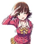  :d ;d brown_eyes brown_hair highres honda_mio hood hooded_track_jacket idolmaster idolmaster_cinderella_girls jacket one_eye_closed open_mouth rariemonn salute short_hair smile solo track_jacket 