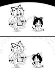  2koma animal_ears arm_rest arm_up ascot boots bow cat_ears cat_tail cat_teaser closed_eyes comic commentary detached_sleeves downscaled dress futa_(nabezoko) greyscale hair_tubes hakurei_reimu hand_on_own_cheek happy hat hat_bow hat_ribbon heart highres image_sample jitome kemonomimi_mode long_hair looking_at_another md5_mismatch mob_cap monochrome multiple_girls open_mouth playing resized ribbon shoes short_hair sitting skirt sleeveless smile squatting tabard tail touhou twitter_sample white_dress yakumo_yukari 