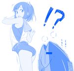  1girl blue censored fictional_persona fish from_below himura_kiseki i-401_(kantai_collection) identity_censor kantai_collection looking_back monochrome one-piece_swimsuit ponytail sailor_collar school_swimsuit short_hair short_ponytail simple_background sleeveless solo swimsuit swimsuit_under_clothes translated white_background 