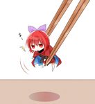  1girl bad_id bad_pixiv_id bow cape chopsticks hair_bow highres minigirl nakukoroni open_mouth picking_up red_eyes red_hair sekibanki shirt skirt solo surprised touhou 