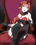  black_gloves black_legwear brown_eyes brown_hair earrings flower garter_straps gloves hair_ornament high_heels idolmaster idolmaster_cinderella_girls jewelry jun_(kyurisin) lipstick long_hair makeup open_mouth red_flower red_lipstick red_rose rose sitting solo thighhighs zaizen_tokiko 