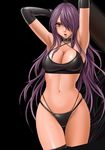  armpits arms_up breasts choker cleavage crimson_comics criss-cross_halter elbow_gloves gloves hair_over_one_eye halter_top halterneck highres large_breasts long_hair looking_at_viewer navel open_mouth purple_eyes purple_hair shiny shiny_skin solo sweat thigh_gap 