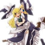  alice_margatroid alternate_costume apron blonde_hair blue_eyes blush broom cosplay couple hat hug kirisame_marisa long_hair multiple_girls one_eye_closed open_mouth shoes short_hair touhou tsuno_no_hito waist_apron white_background white_legwear witch_hat yellow_eyes yuri 