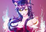  :o ahri animal_ears blue_fire blush breasts cleavage collarbone detached_sleeves facial_mark fang fire fox_ears highres korean_clothes league_of_legends long_hair looking_at_viewer magic md5_mismatch medium_breasts open_mouth parted_lips purple_background sidelocks simple_background solo tooth upper_body whisker_markings yellow_eyes yeyebirdie 