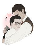  black_hair blush facial_hair gameplay_mechanics gb_(doubleleaf) glasses gun hug joseph_oda lowres multiple_boys mutual_hug parody sebastian_castellanos stubble the_evil_within weapon 