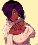  artist_name bangs black_hair blue_eyes bob_cut breasts bust cleavage d-ryuu dark_skin eliza_(skullgirls) erect_nipples female hands_together large_breasts licking_lips lip_licking lipstick lowres makeup nail_polish naughty_face open-chest_sweater short_hair skullgirls solo sweater tongue tongue_out upper_body xryuu yellow_background 