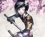  armor bad_id bad_pixiv_id black_gloves black_hair cherry_blossoms double-breasted gloves holding holding_weapon japanese_armor looking_at_viewer male_focus military military_uniform mura_karuki necktie purple_eyes shoulder_armor smile sode solo tantou touken_ranbu uniform upper_body weapon yagen_toushirou 