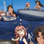  &gt;o&lt; :d :o ahoge boat brown_eyes brown_hair closed_eyes crescent crescent_hair_ornament dated fish hair_ornament hair_ribbon hamu_koutarou harpoon kantai_collection long_hair low-tied_long_hair multiple_girls o_o open_mouth pink_hair ribbon sarashi school_swimsuit shouhou_(kantai_collection) smile swimsuit tan thought_bubble torpedo translated uzuki_(kantai_collection) water watercraft 
