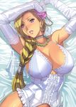  arms_up bianca blonde_hair blue_eyes blush braid breasts choker cleavage dragon_quest dragon_quest_v elbow_gloves flower gloves hair_flower hair_ornament hair_over_shoulder highres homare_(fool's_art) jewelry large_breasts lingerie lips long_hair necklace parted_lips single_braid solo underwear white_gloves 