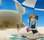  :d \o/ akigumo_(kantai_collection) arms_up book brown_hair dated green_eyes hamu_koutarou jumping kantai_collection multiple_girls oboro_(kantai_collection) one-piece_swimsuit open_mouth outstretched_arms sand_sculpture sigh sitting smile swimsuit tan wariza 