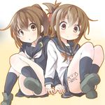  brown_eyes brown_hair darkside folded_ponytail fumizuki_(kantai_collection) hair_ornament hairclip inazuma_(kantai_collection) kantai_collection kneehighs multiple_girls pleated_skirt ponytail school_uniform serafuku shoes signature skirt white_neckwear 