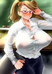  1girl amaaay_zing blush breasts brown_eyes brown_hair chalkboard classroom clothes female glasses gundam gundam_build_fighters gundam_build_fighters_try hair_ornament huge_breasts indoors inverted_nipples looking_at_viewer no_bra plump red-framed_glasses sazaki_kaoruko see-through shirt smile solo standing straining_buttons taut_shirt teacher twintails 