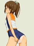  ass blush brown_eyes brown_hair from_behind i-401_(kantai_collection) kantai_collection kurowan looking_back one-piece_swimsuit ponytail pussy school_swimsuit school_uniform short_hair solo swimsuit swimsuit_aside tan tanline 
