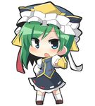  blue_eyes chibi green_hair hand_on_hip hat outstretched_arm pointing pointing_at_viewer ribbon rod_of_remorse shiki_eiki short_hair skirt solo touhou twumi 